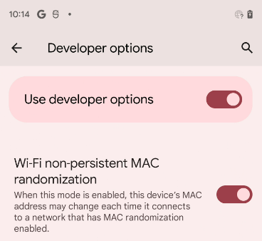 Opción de aleatorización MAC no persistente de Wi-Fi