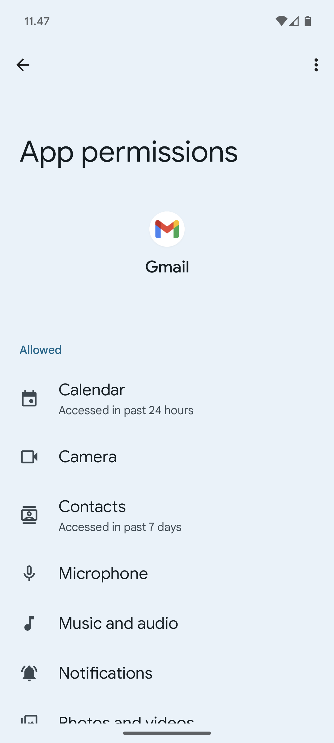 설치된 애플리케이션의 권한 - Gmail