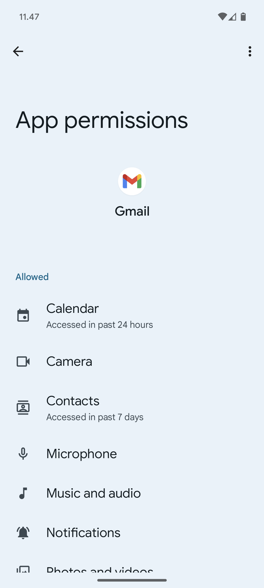 مجوزهای یک برنامه نصب شده - Gmail