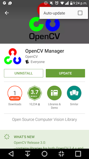 Отключить автообновления OpenCV Manager