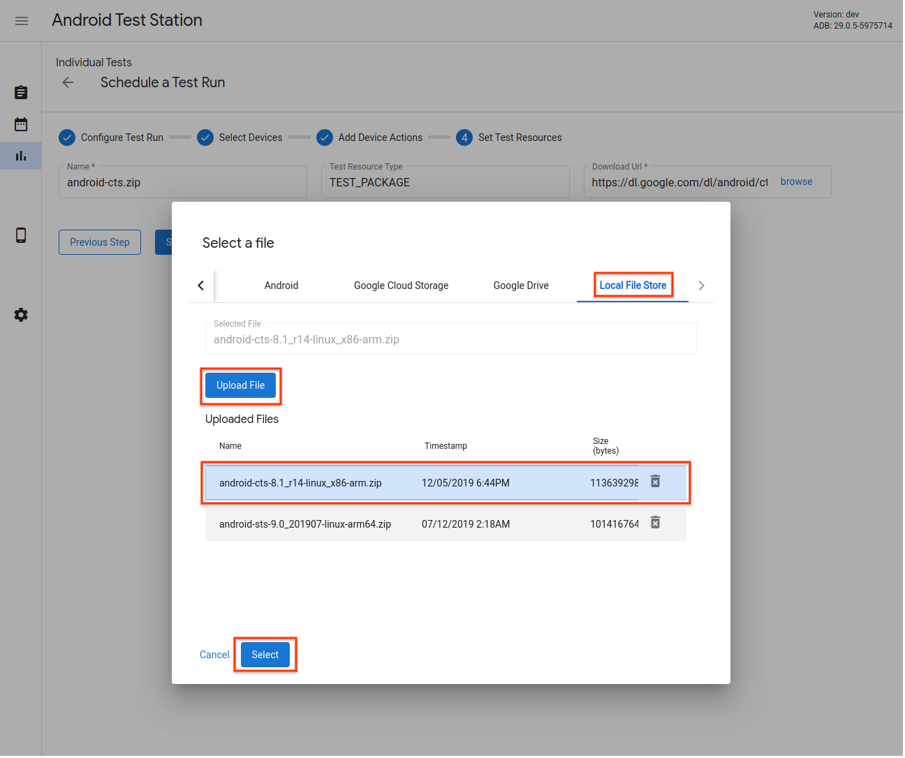 Seletor de recursos de teste - Armazenamento de arquivos locais