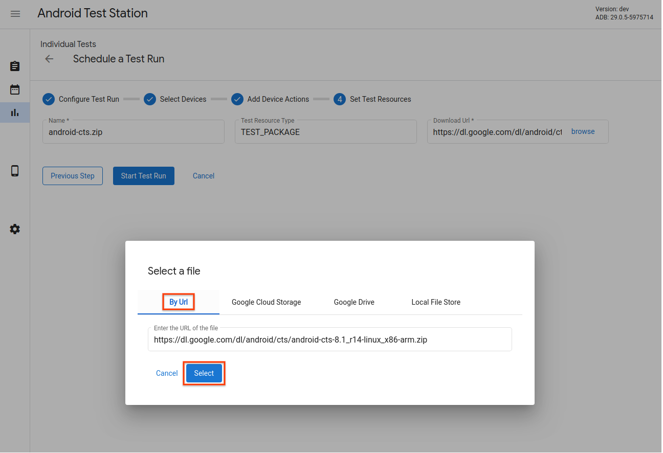 Selector de recursos de prueba - URL web