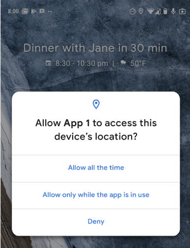 Pengguna memilih salah satu dari pilihan ini Tristate location permissions screen