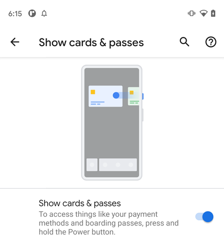 Settings page to enable or disable the Quick Access Wallet feature