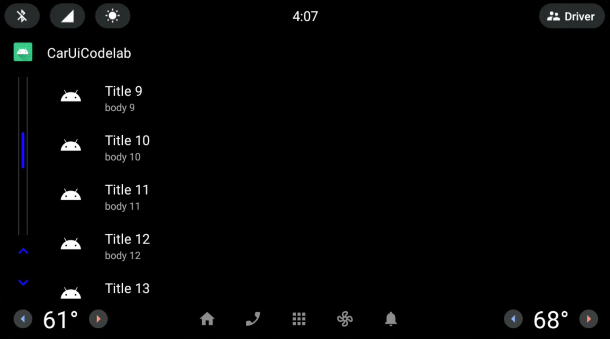 파란색 스크롤바와 회색 레일이 있는 CarUiRecyclerView
