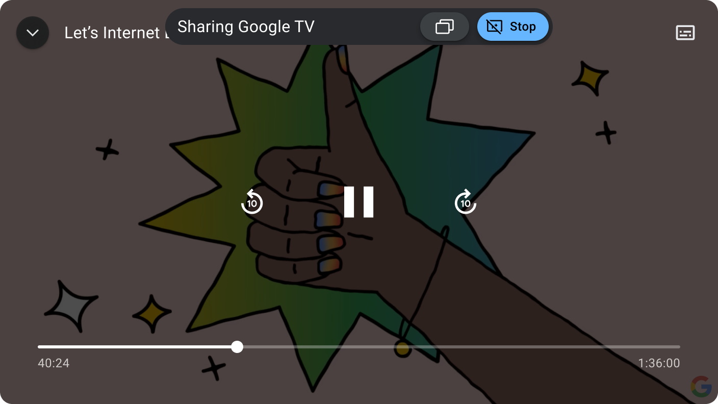 Mirroring activity displaying a shared app with floating controls to manage the co-watch session.