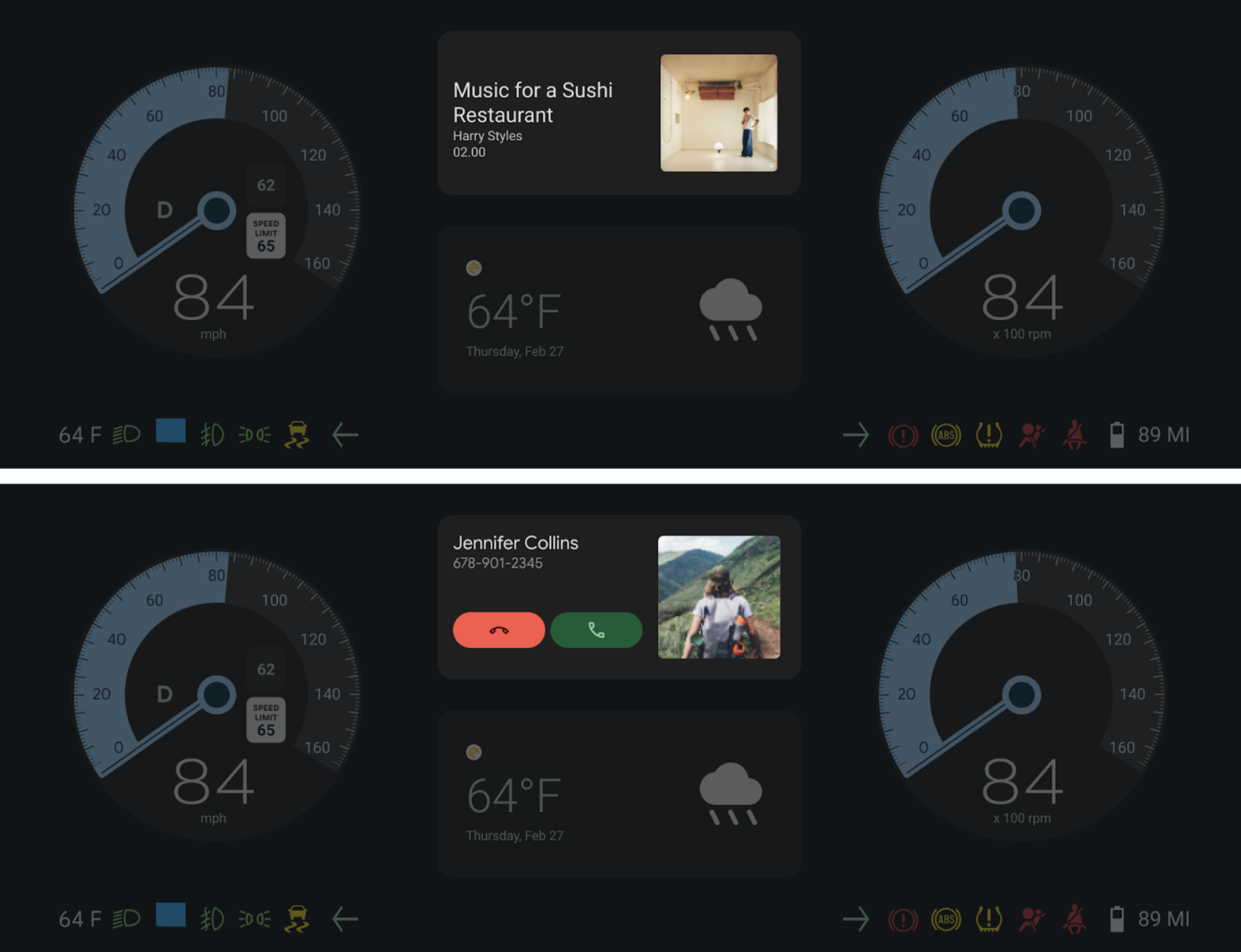 La IU del conductor muestra la sección de medios y telefonía en el clúster completo.
