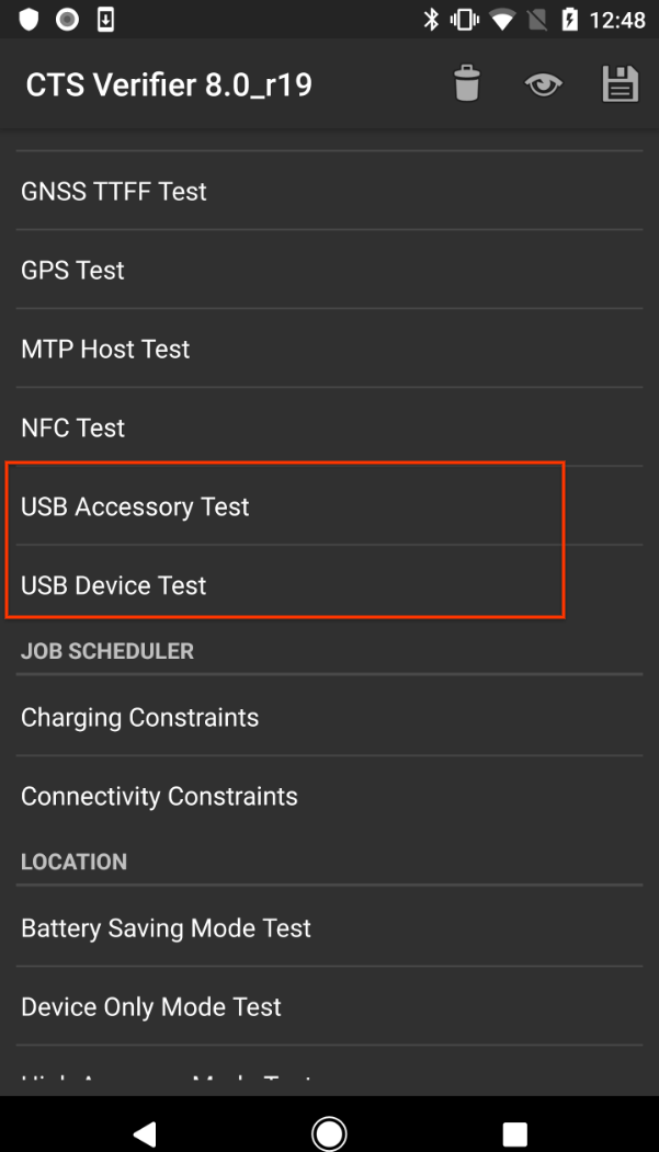 Test dell'accessorio USB CTS Verifier