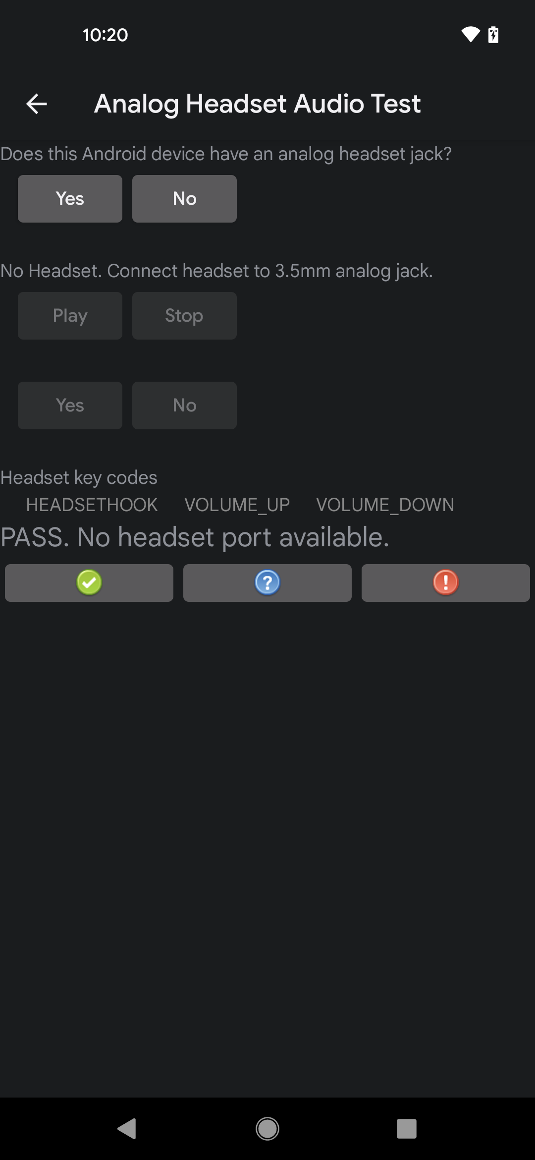 Résultat du test pour un DUT sans port casque analogique