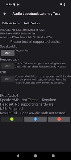 Riquadro del test di latenza del loopback audio