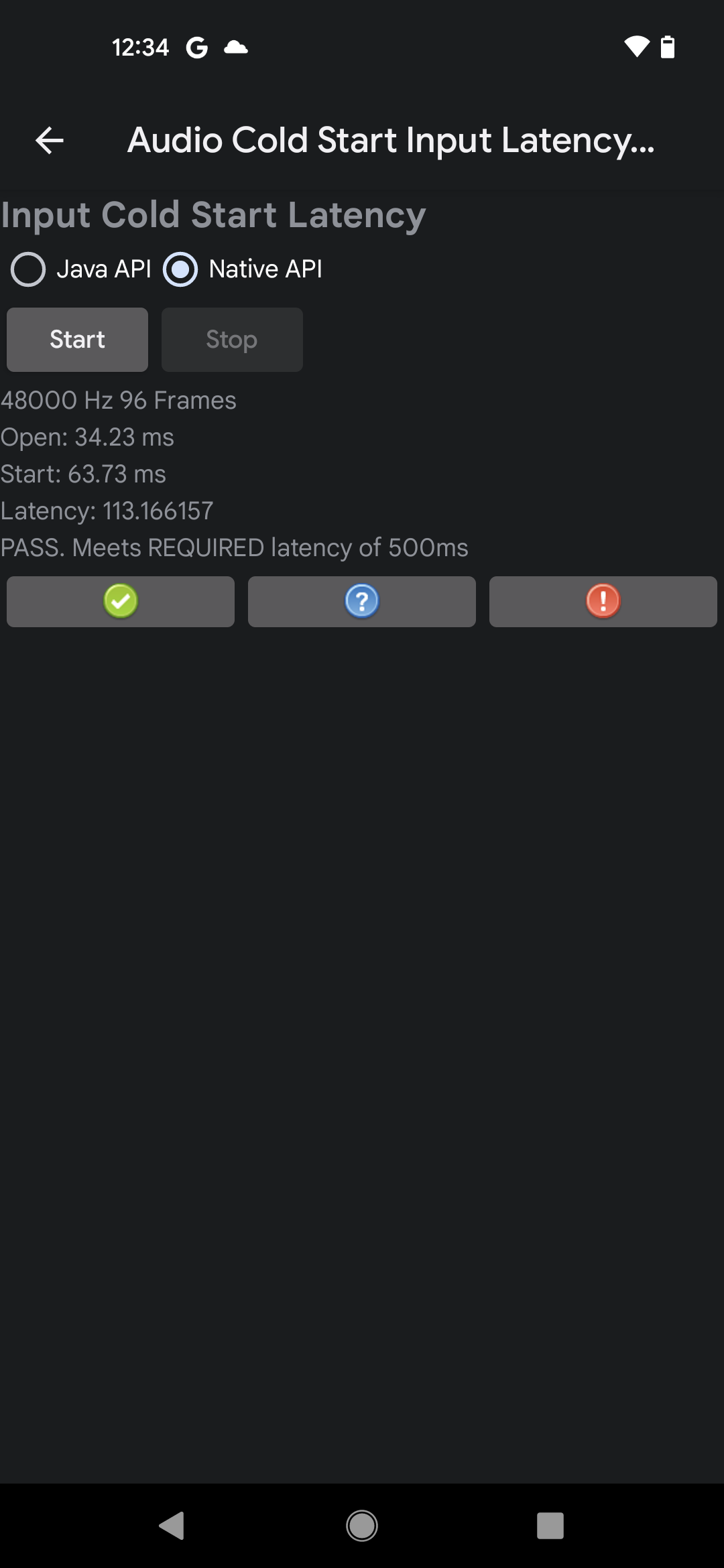 Esempio di risultati del test sull'API Native