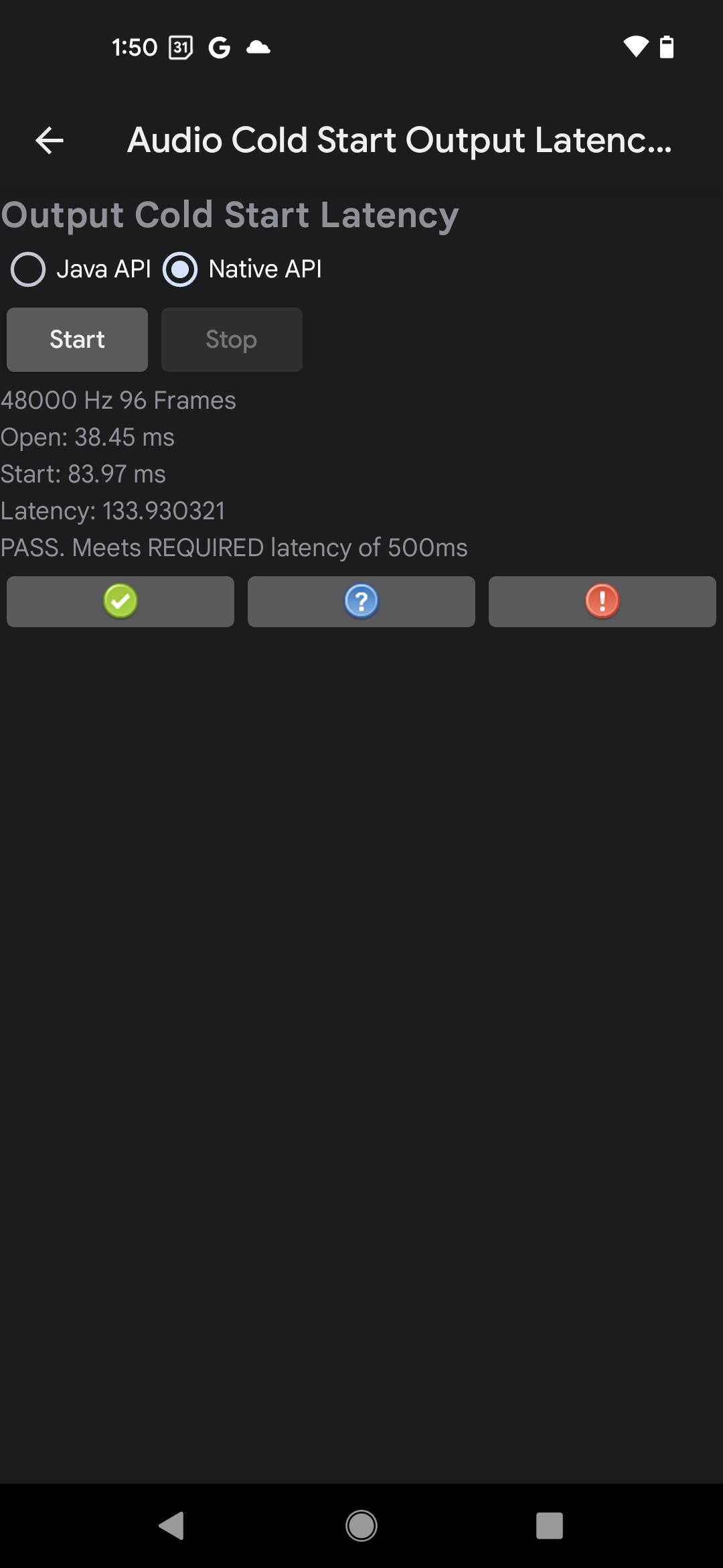 Пример результатов тестирования нативного API