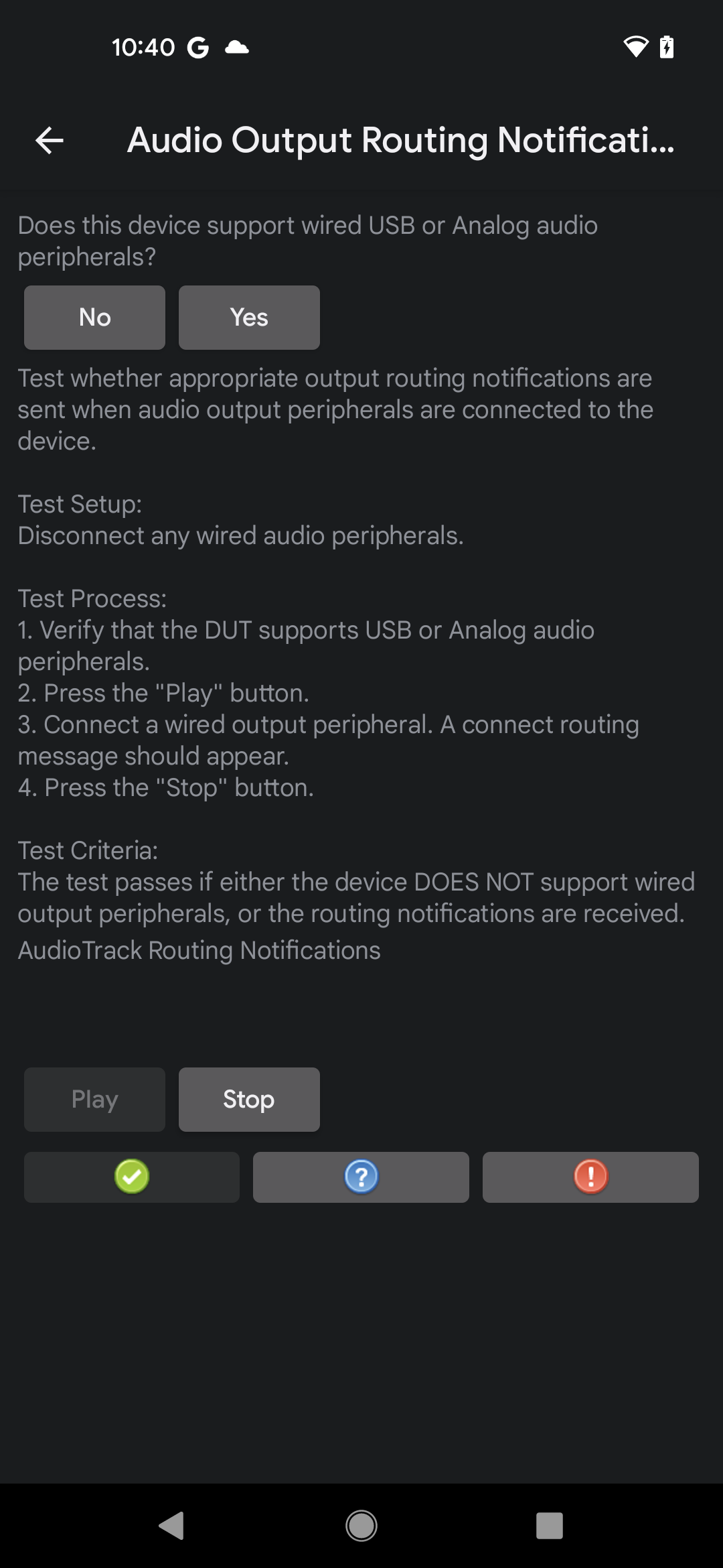Test powiadomień o routingu wyjścia audio