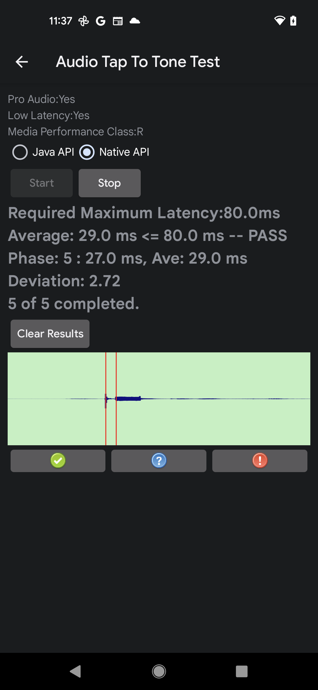 UI de teste Tap To Tone após o término do teste