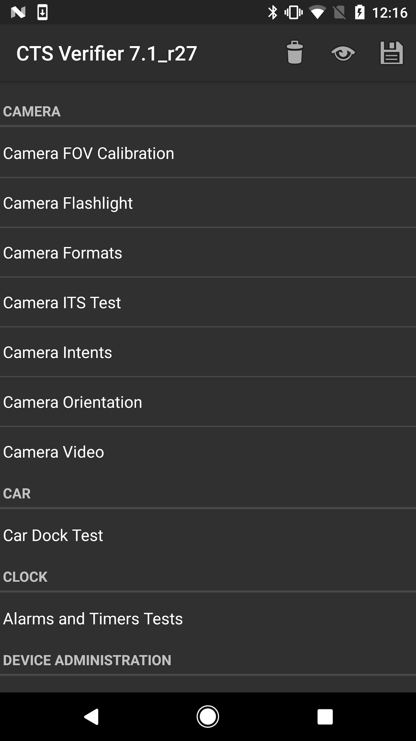 Menu des tests CTS Verifier
