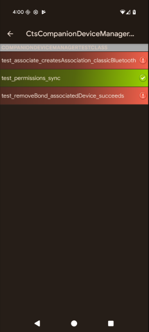 Resultados de la prueba multidispositivo del host en la app del verificador de CTS
