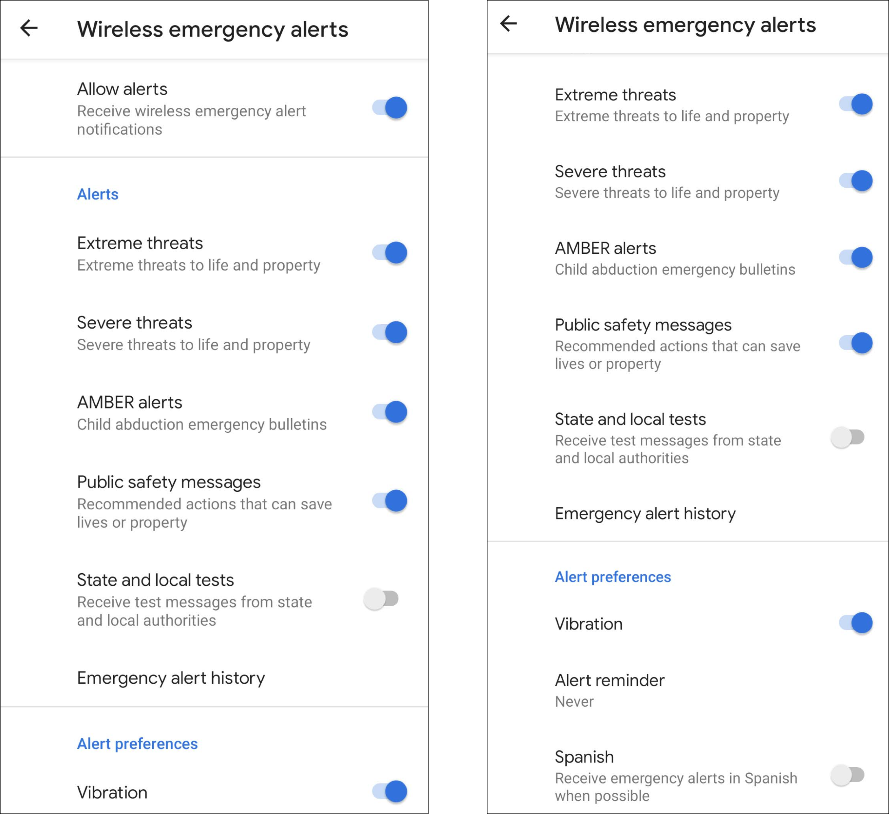 Menu des paramètres de l'application CellBroadcastReceiver