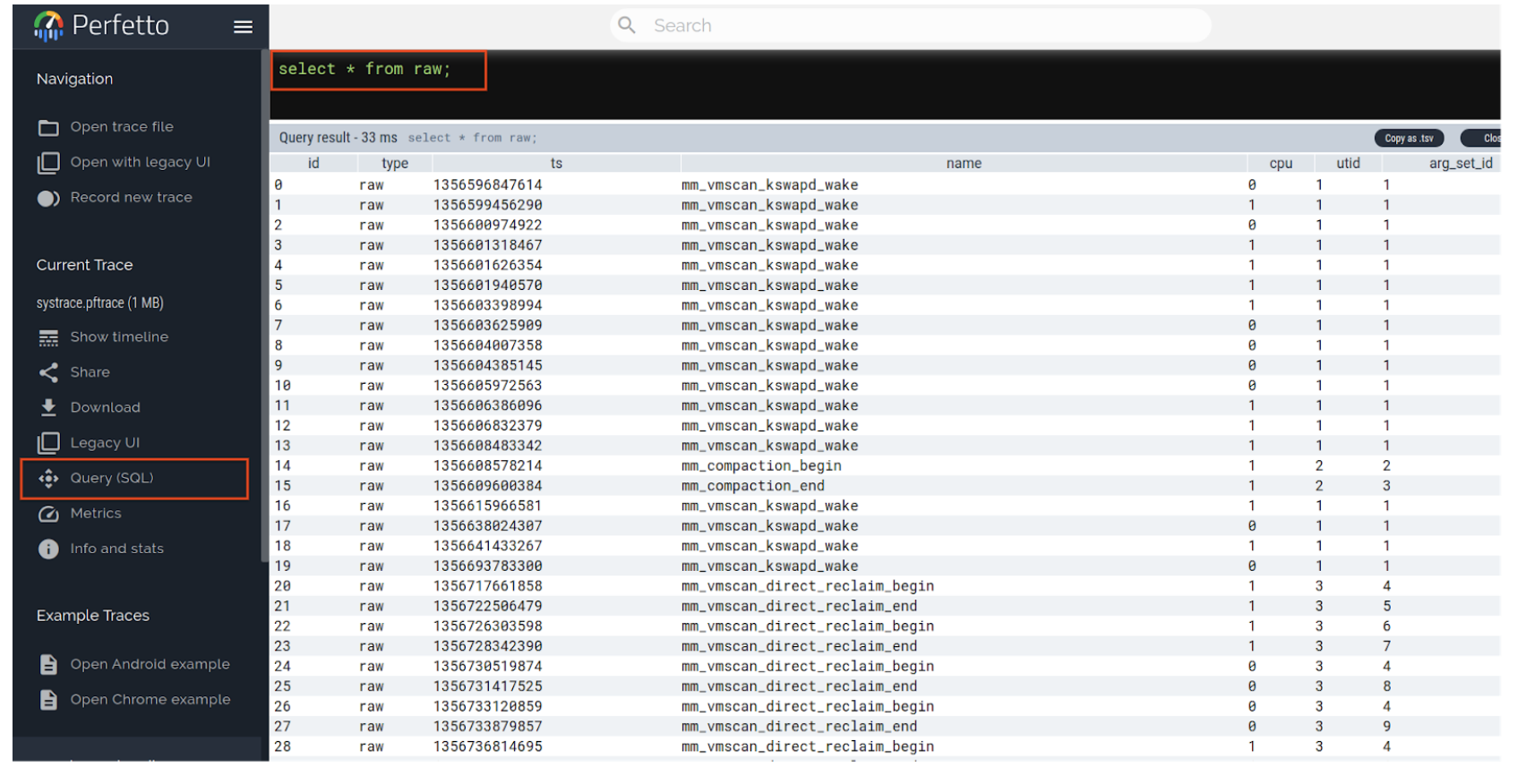 Sorgu SQL sekmesini bulun ve yakalanıp grafik haline getirilen ftrace ve mm_events&#39;i görüntülemek için tıklayın.