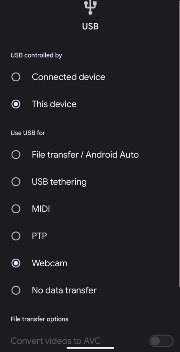 USB preferences in Settings app