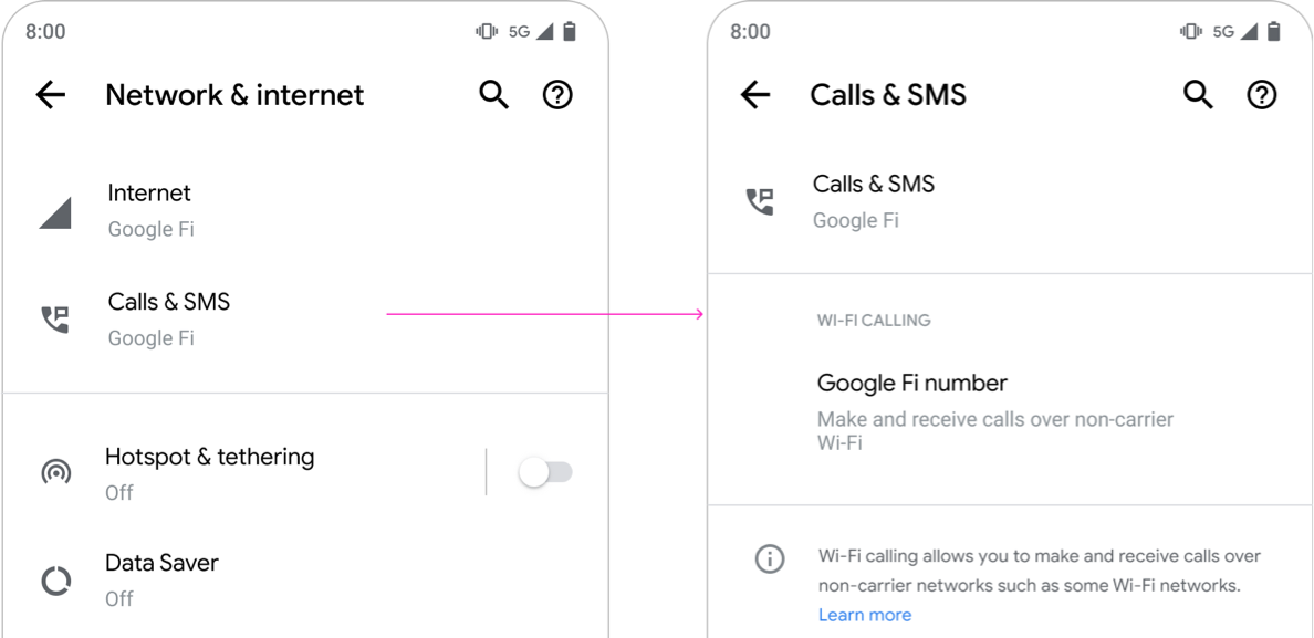 قسم "المكالمات والرسائل القصيرة" في "الإعدادات"