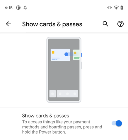 דף הגדרות כדי להפעיל או להשבית את התכונה &#39;Google Wallet לגישה מהירה&#39;