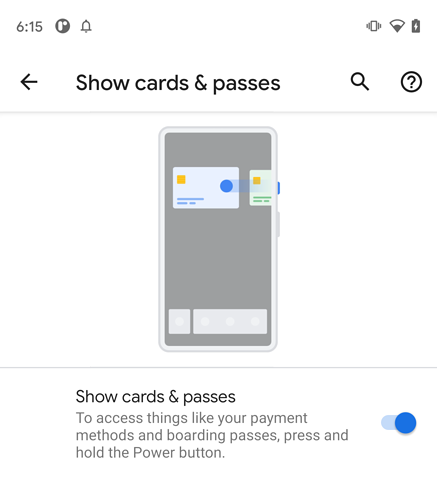 Strona ustawień, na której możesz włączyć lub wyłączyć funkcję szybkiego dostępu do Portfela