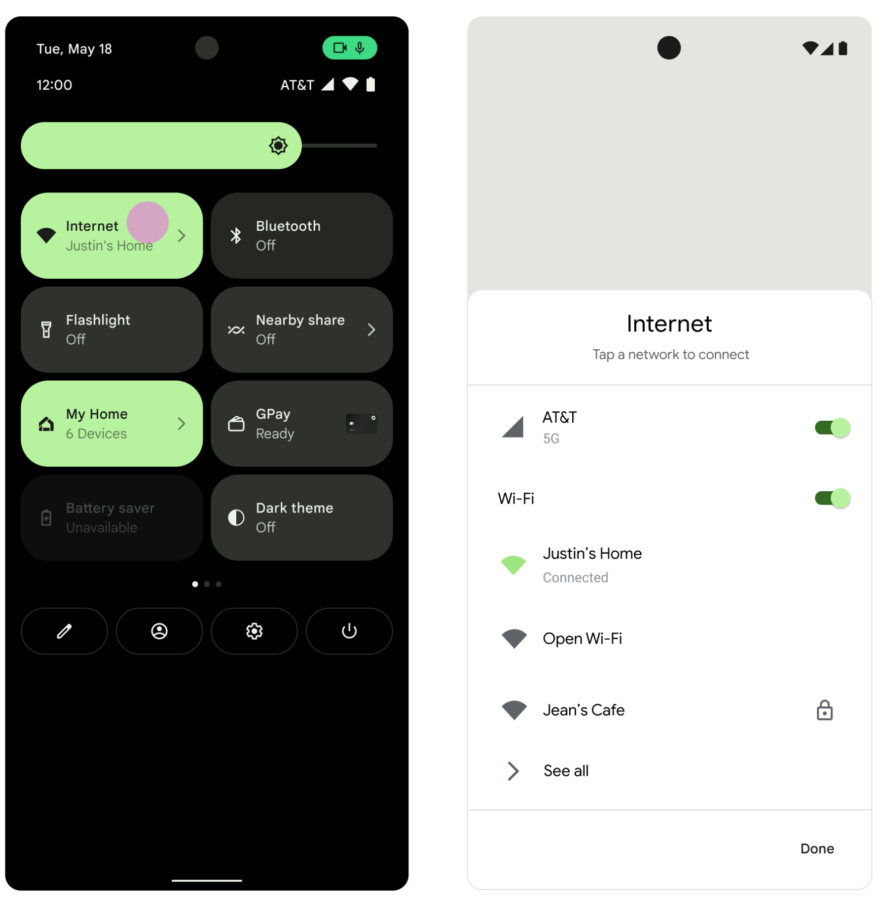 Bloc &quot;Internet&quot; dans le menu &quot;Réglages rapides&quot;