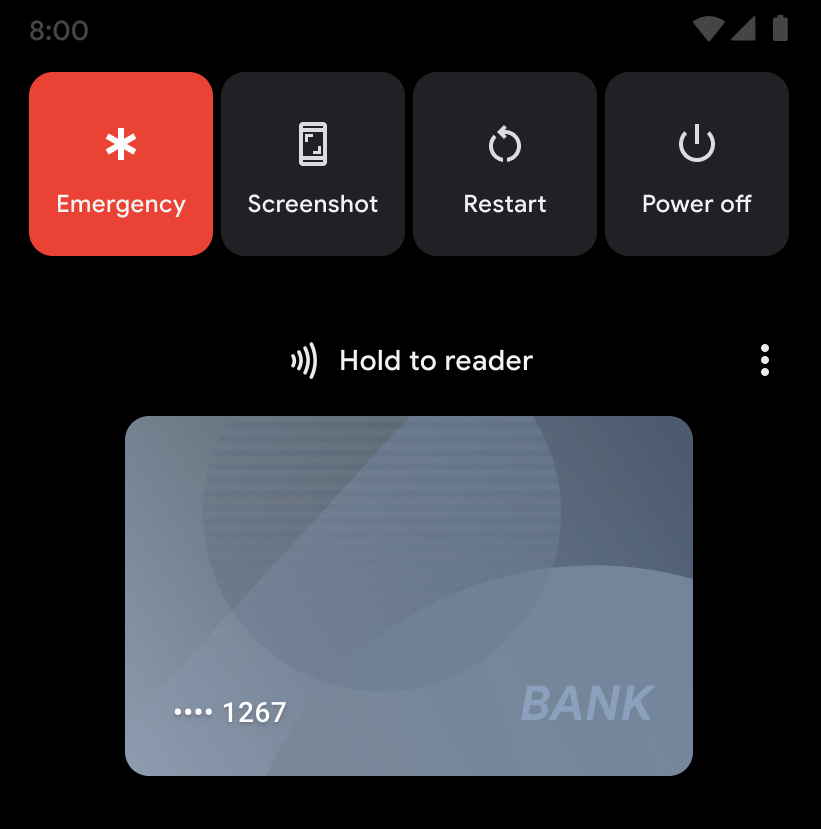 Interfaz de usuario de acceso rápido a Wallet con una tarjeta mostrada