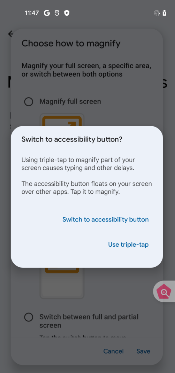 向用户发送的通知，告知他们可以使用一个无障碍选项（而不是“点按三次”）来启用局部屏幕放大功能