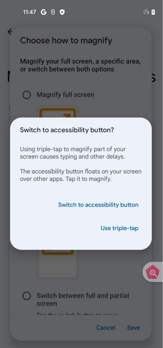 通知使用者，他們有可用的無障礙選項，可啟用局部放大功能，不必使用三指輕觸手勢