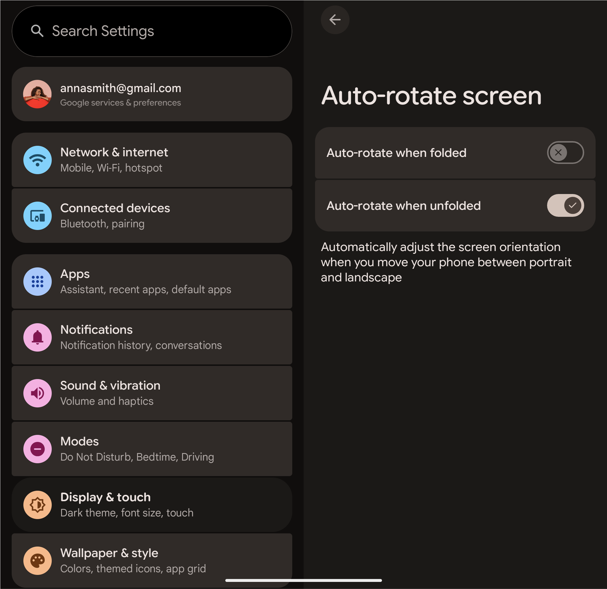Page des paramètres de rotation automatique en fonction de l&#39;état de l&#39;appareil