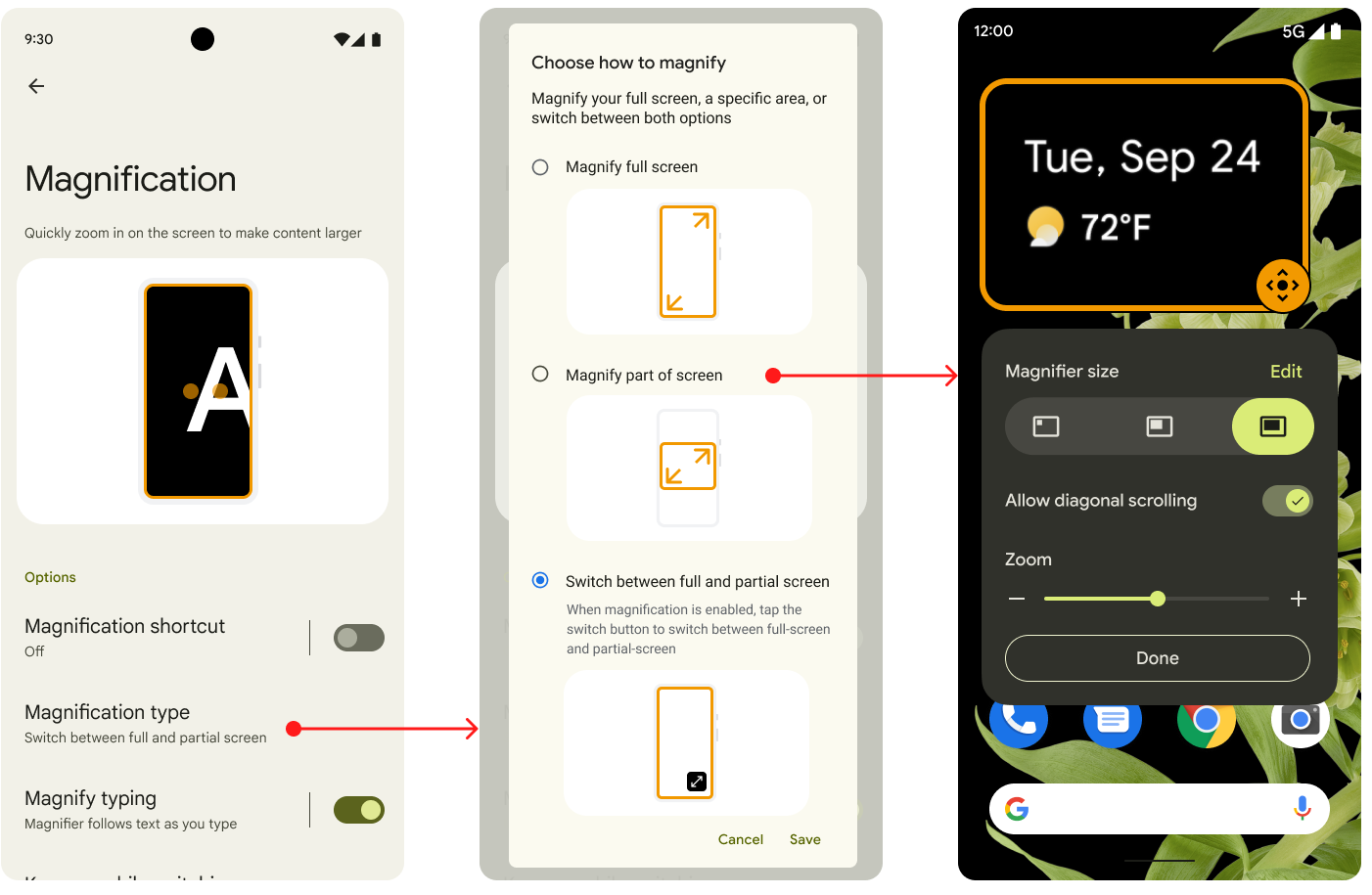 Magnification options in Settings lets users select between full screen, partial screen, and switching between the two