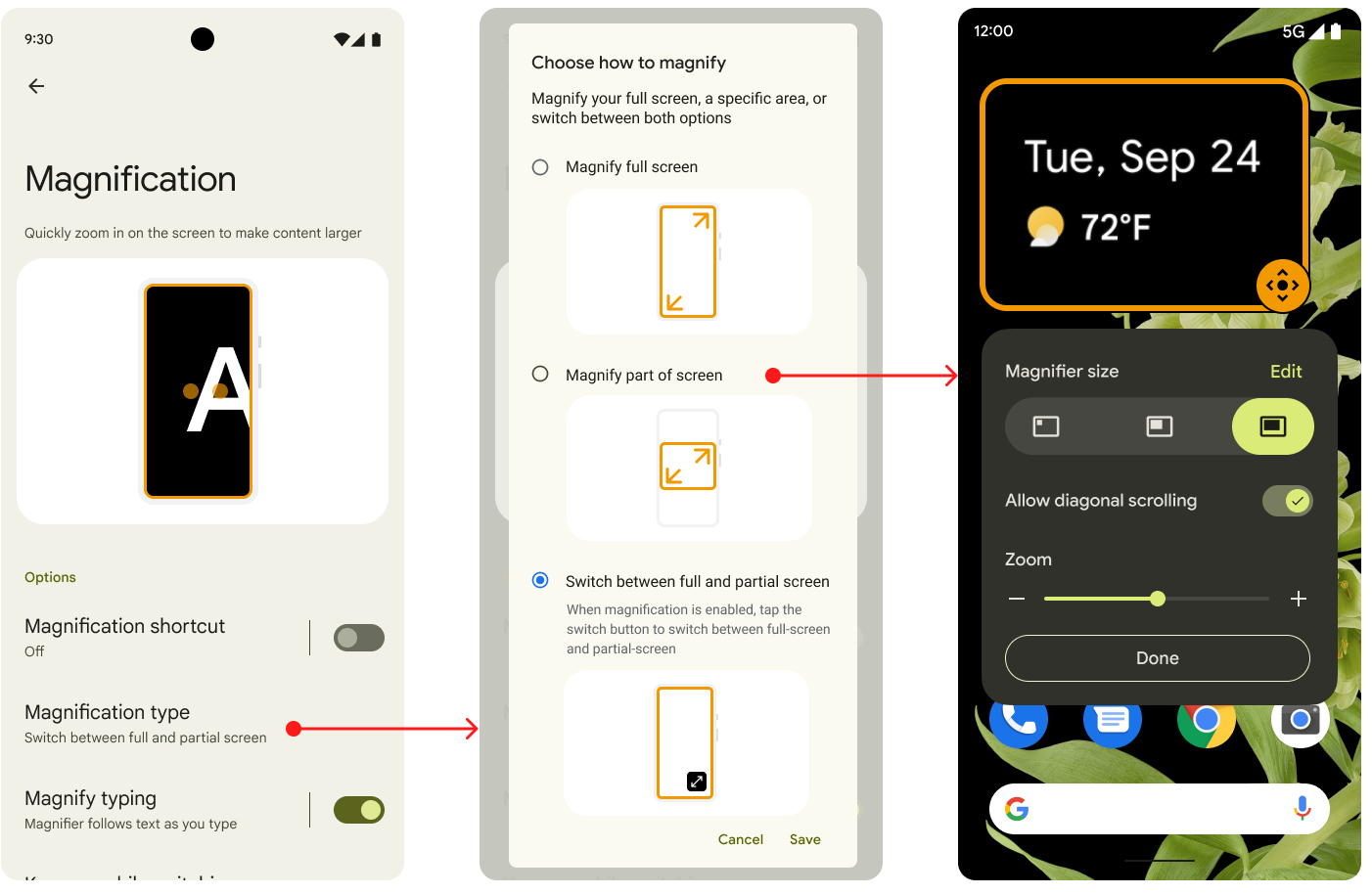 सेटिंग में ज़ूम करने की सुविधा के विकल्प