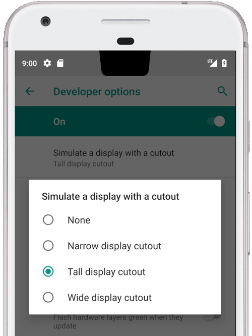 सबसे ऊपर, बीच में डिसप्ले कटआउट