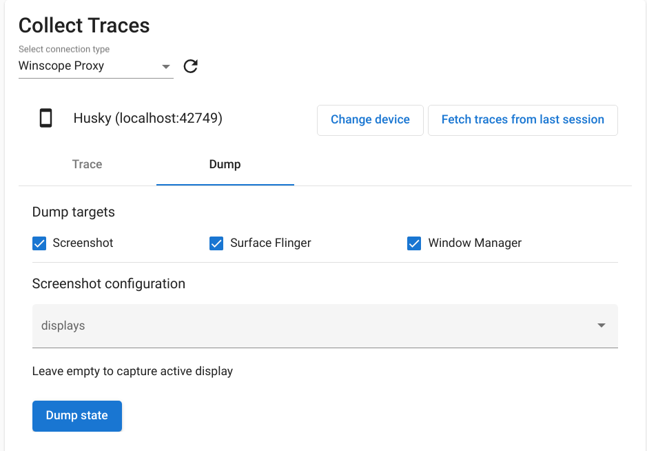 Status dump di Winscope