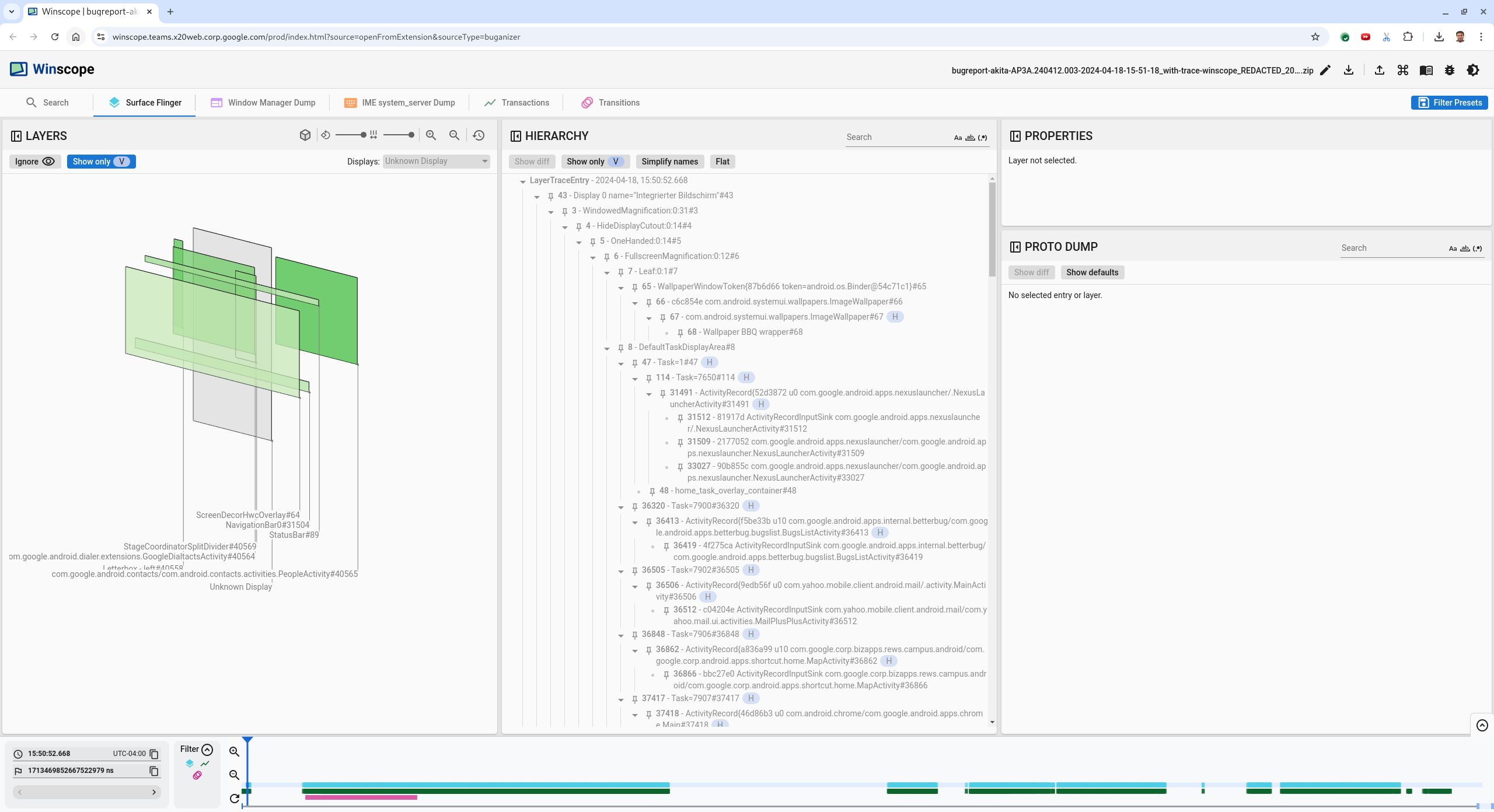 Page de destination Winscope avec vue SurfaceFlinger