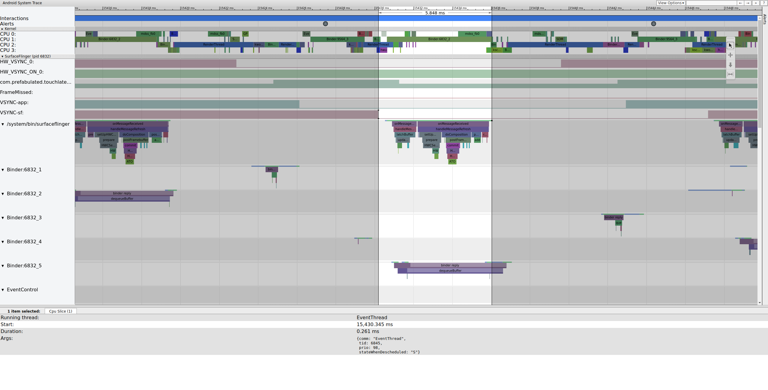 Un segundo EventThread activa el subproceso principal de SurfaceFlinger.