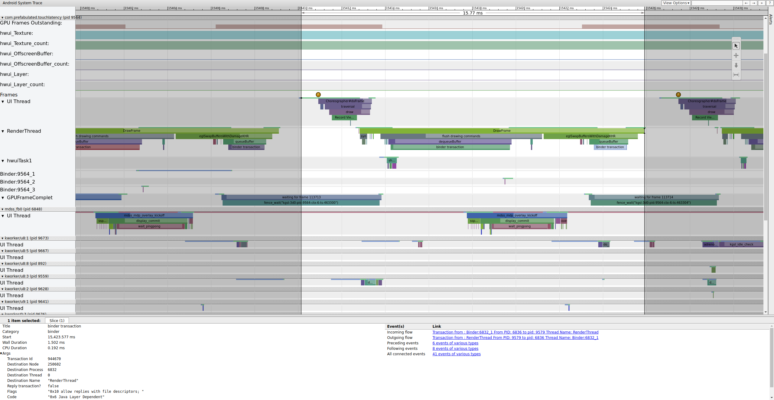 UI thread wakes, renders a frame, and enqueues it for SurfaceFlinger to consume