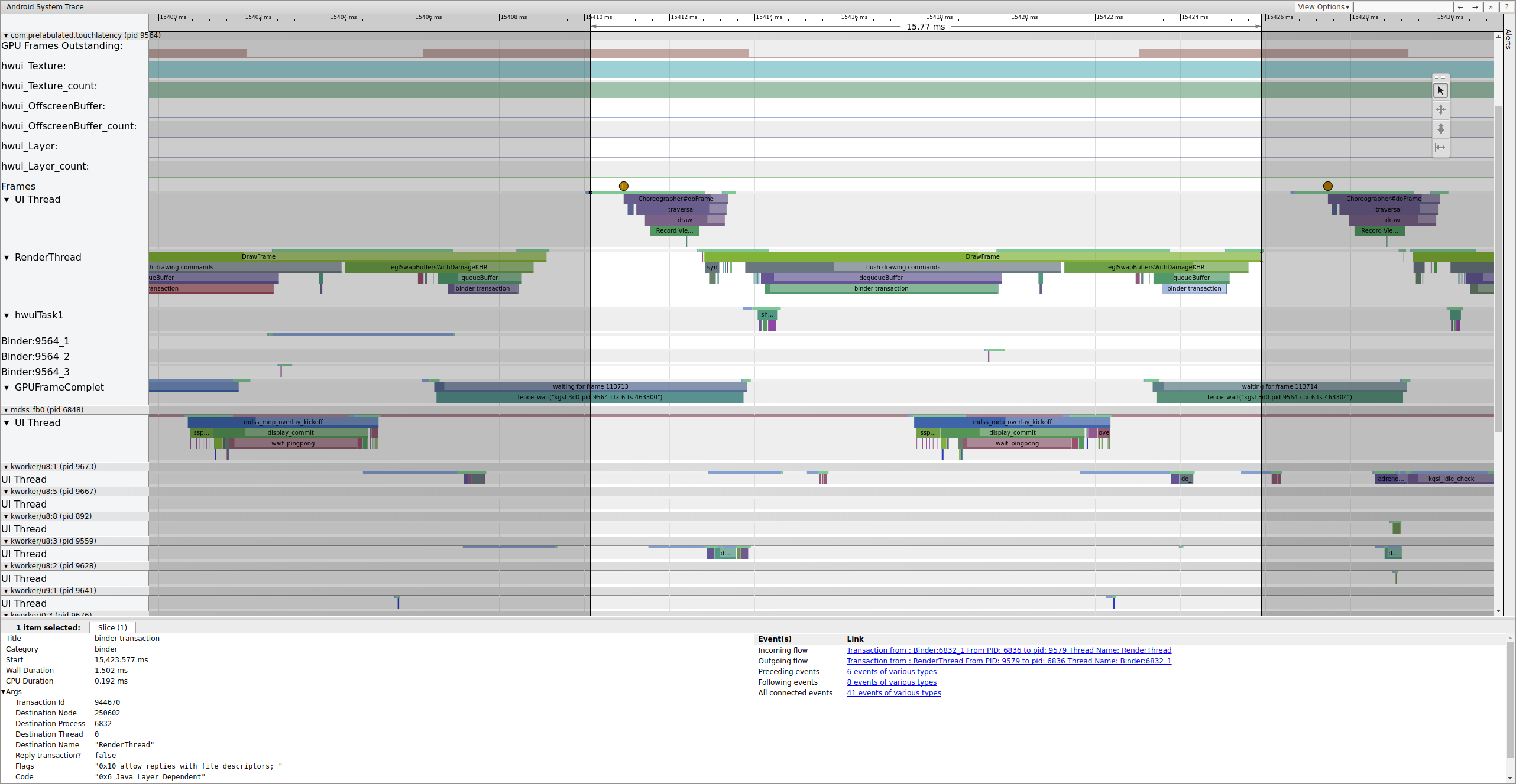 Der UI-Thread wird aktiviert, rendert einen Frame und stellt ihn für SurfaceFlinger in die Warteschlange.