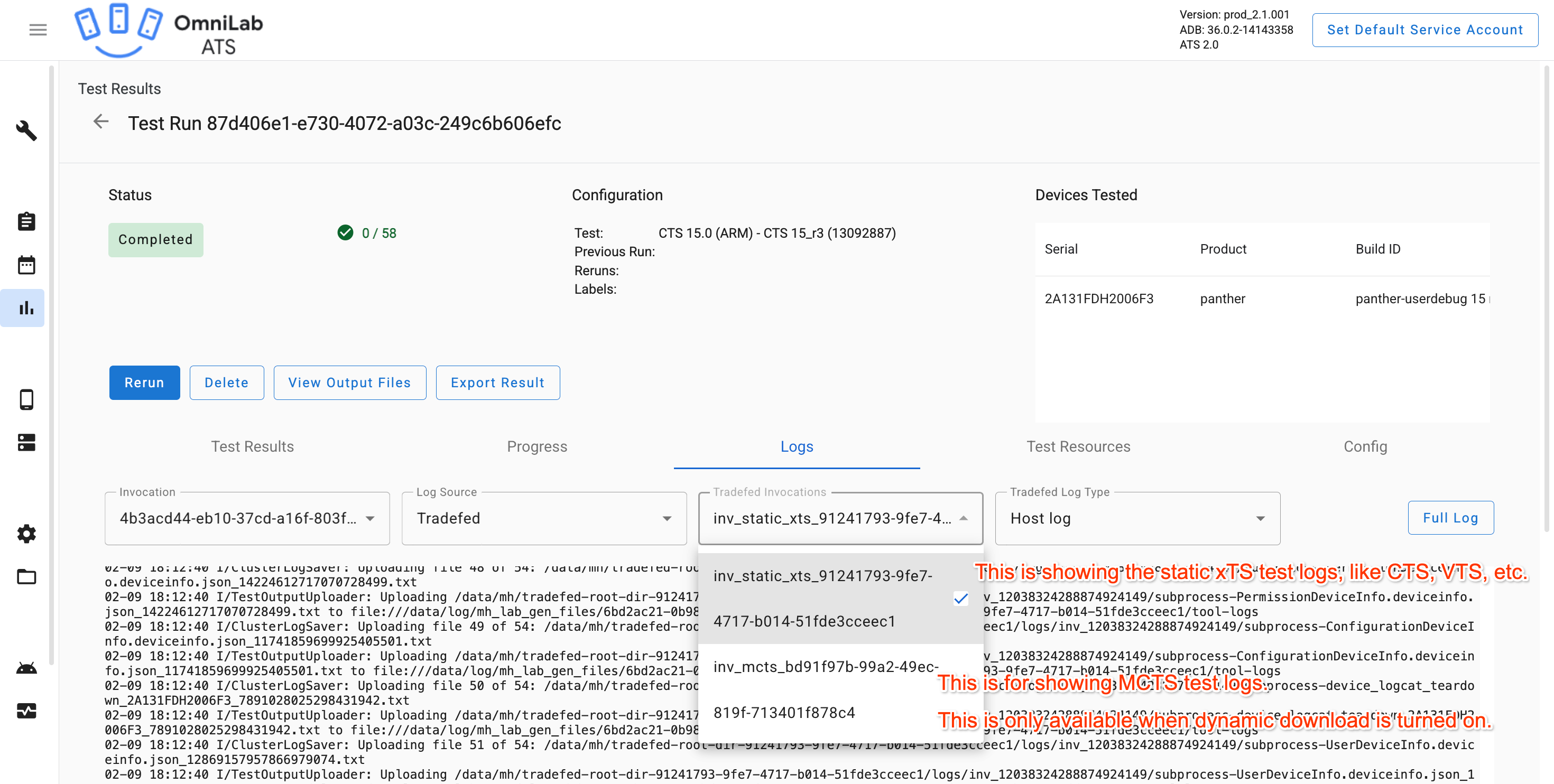Registros de MCTS en la sección de registros de Tradefed