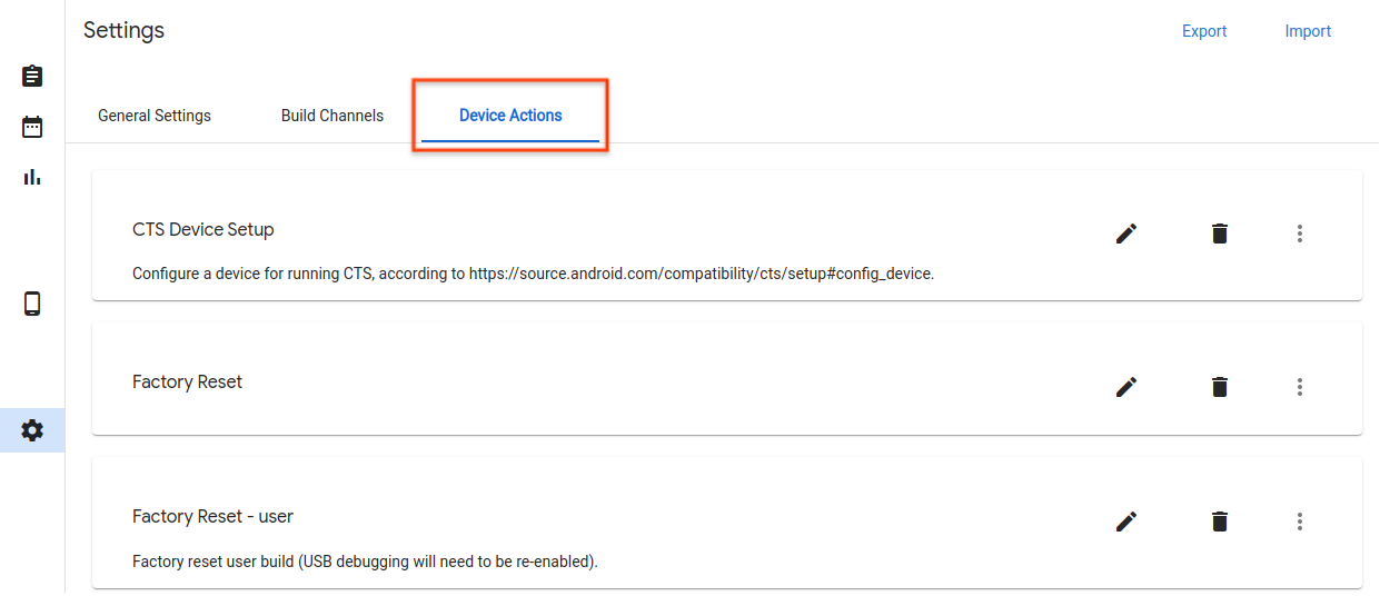علامة التبويب "إجراءات الجهاز"