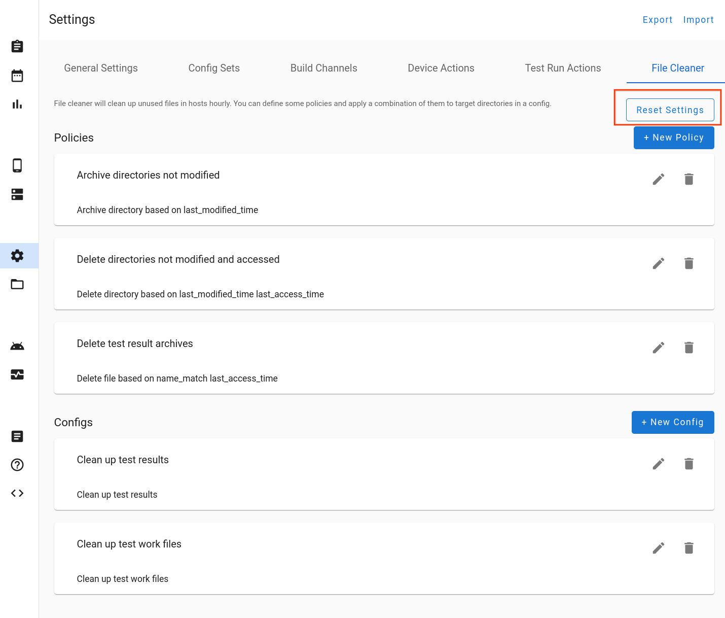 Reset file cleaner settings