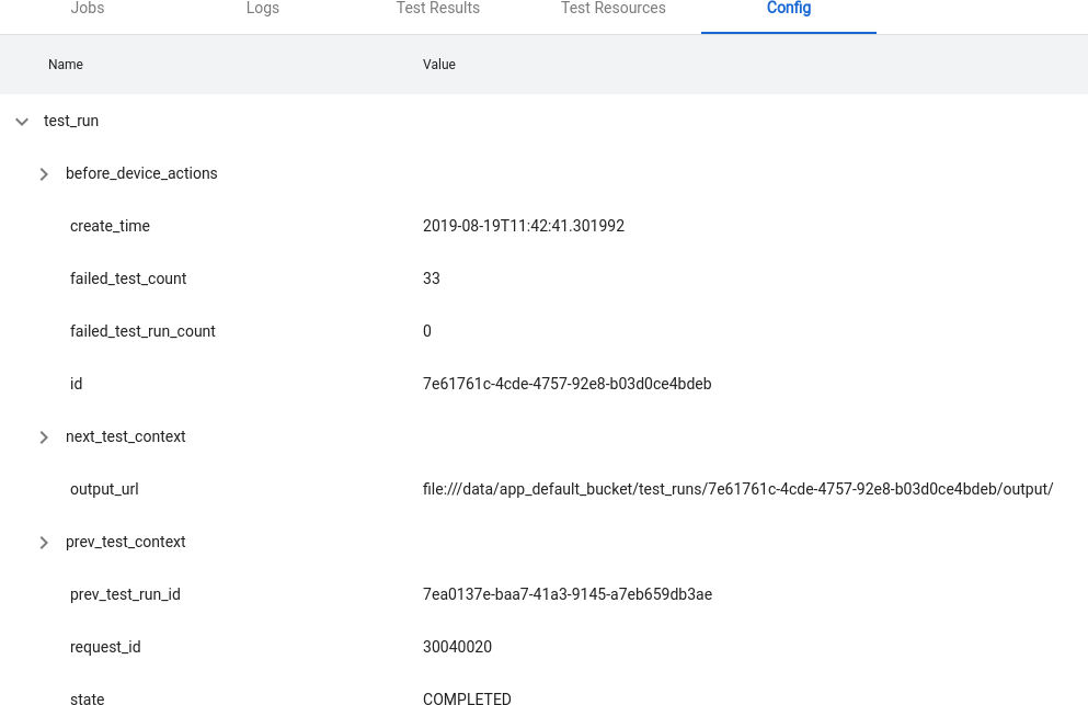 Pestaña Test Config