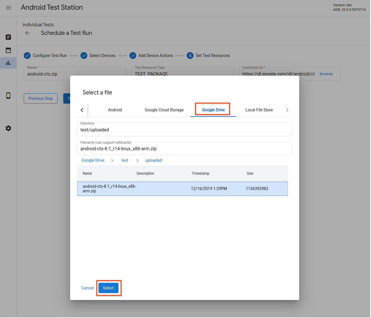 Test del selettore risorse - Google Drive