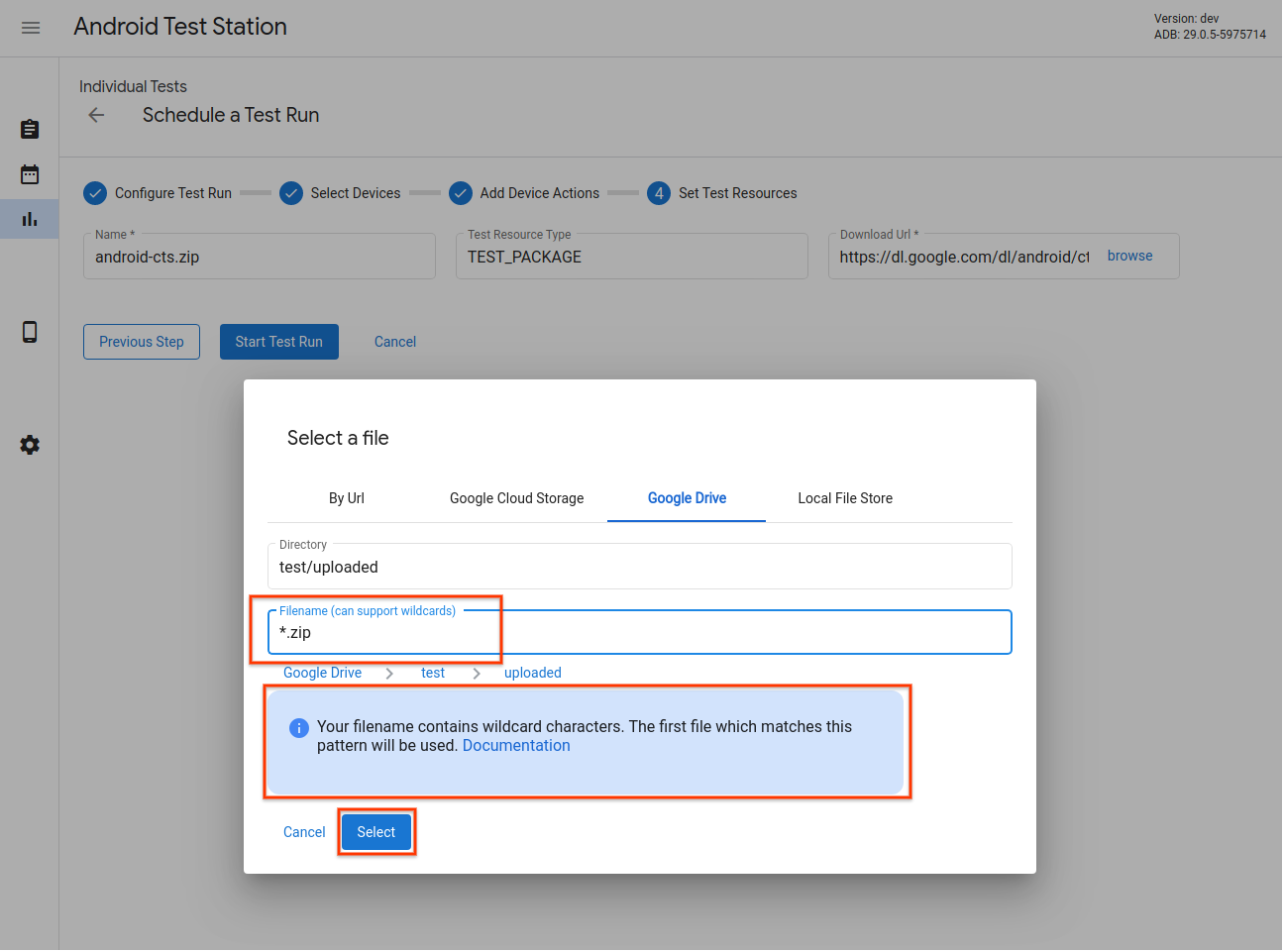 Selector de recursos de prueba: compatibilidad con patrones de comodines