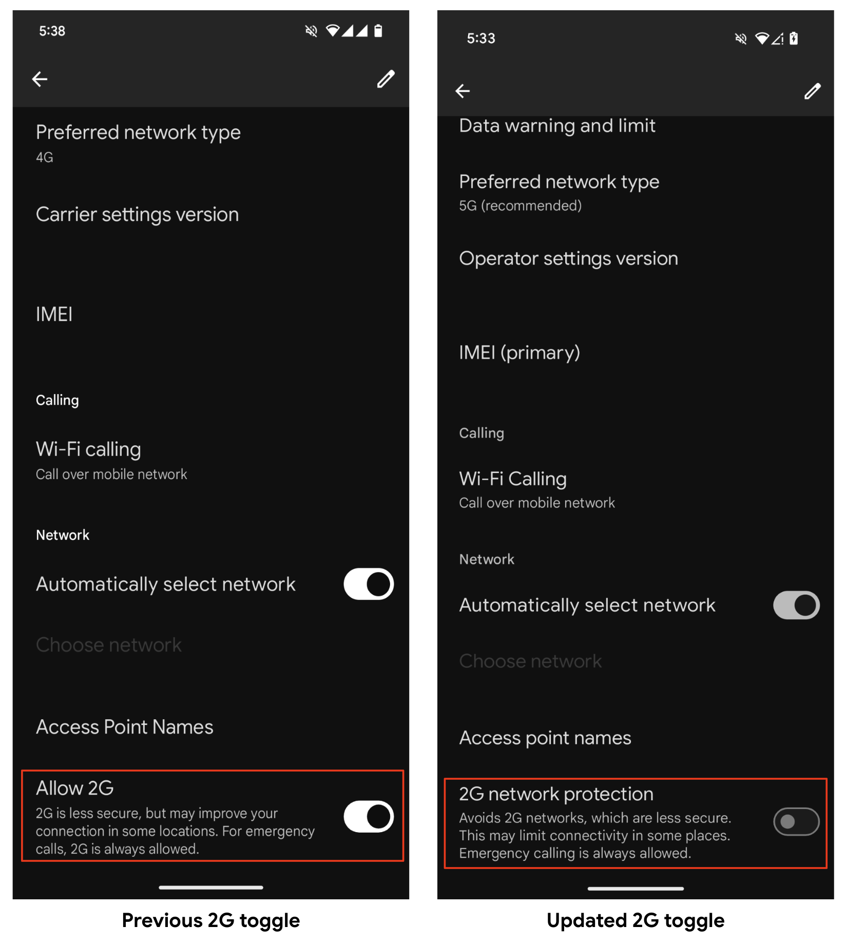Attivazione/disattivazione del 2G nelle impostazioni della SIM