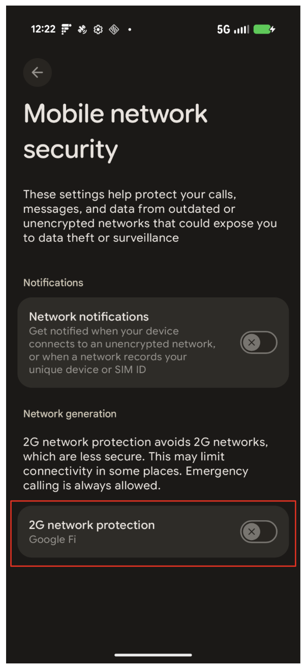 Bouton bascule 2G dans la section "Sécurité du réseau mobile"