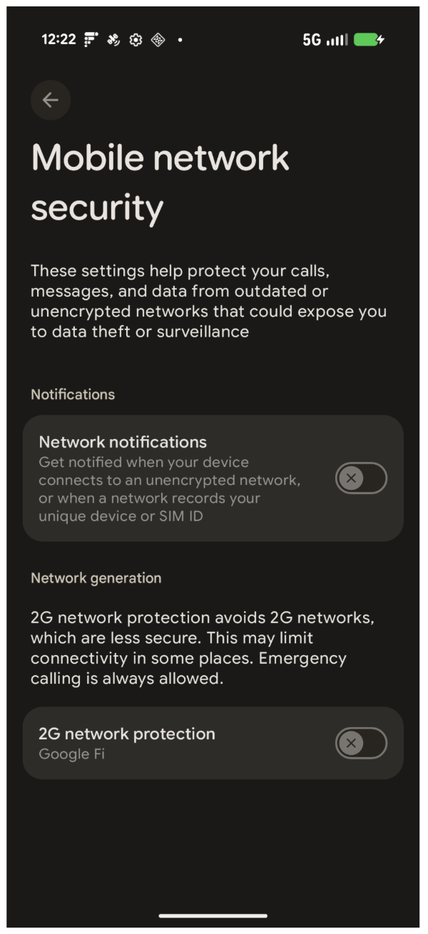 Sezione Sicurezza della rete mobile