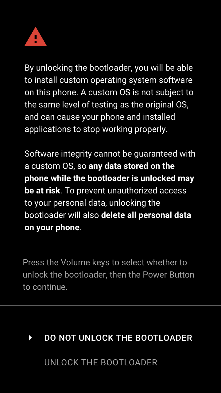 デバイスのロック解除の警告画面